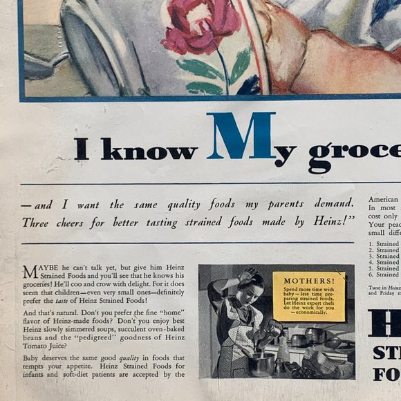 1936 Heinz Strained Baby Foods Print Ad Cute Colorful 14” x 10” - Picture 6 of 8